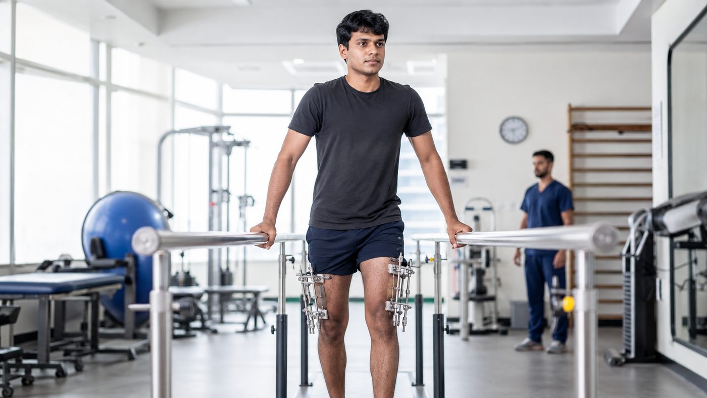 Patient walking during femur lengthening recovery
