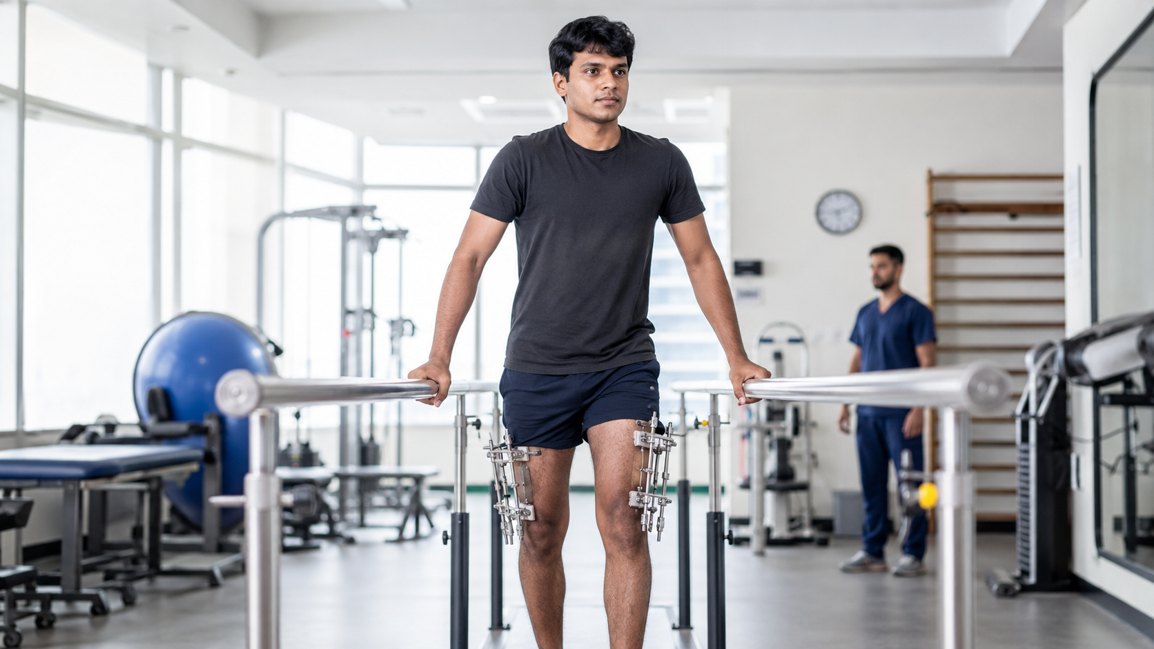 Patient walking during femur lengthening recovery