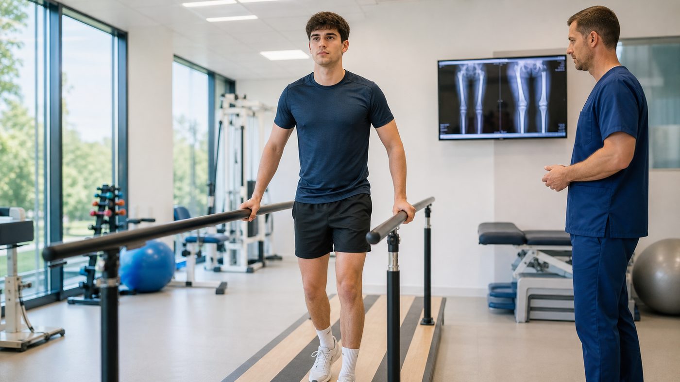 Patient walking during bilateral femur lengthening recovery