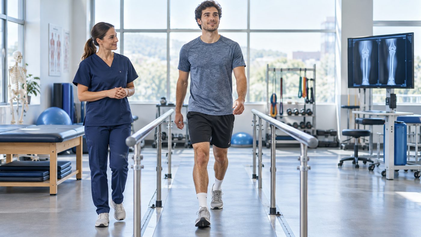 Patient walking during a seven month limb lengthening recovery journey