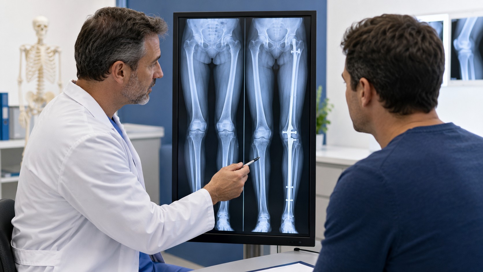 Doctor reviewing long-term limb lengthening X-rays and arthritis risk